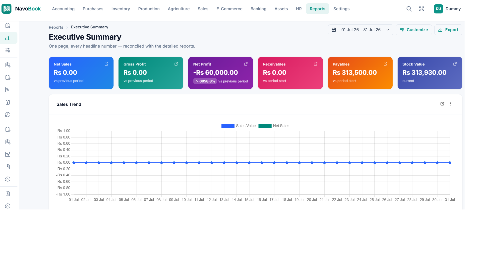 NavoBook ERP Pakistan, Executive Summary dashboard with sales, purchase and cash KPIs for business owners